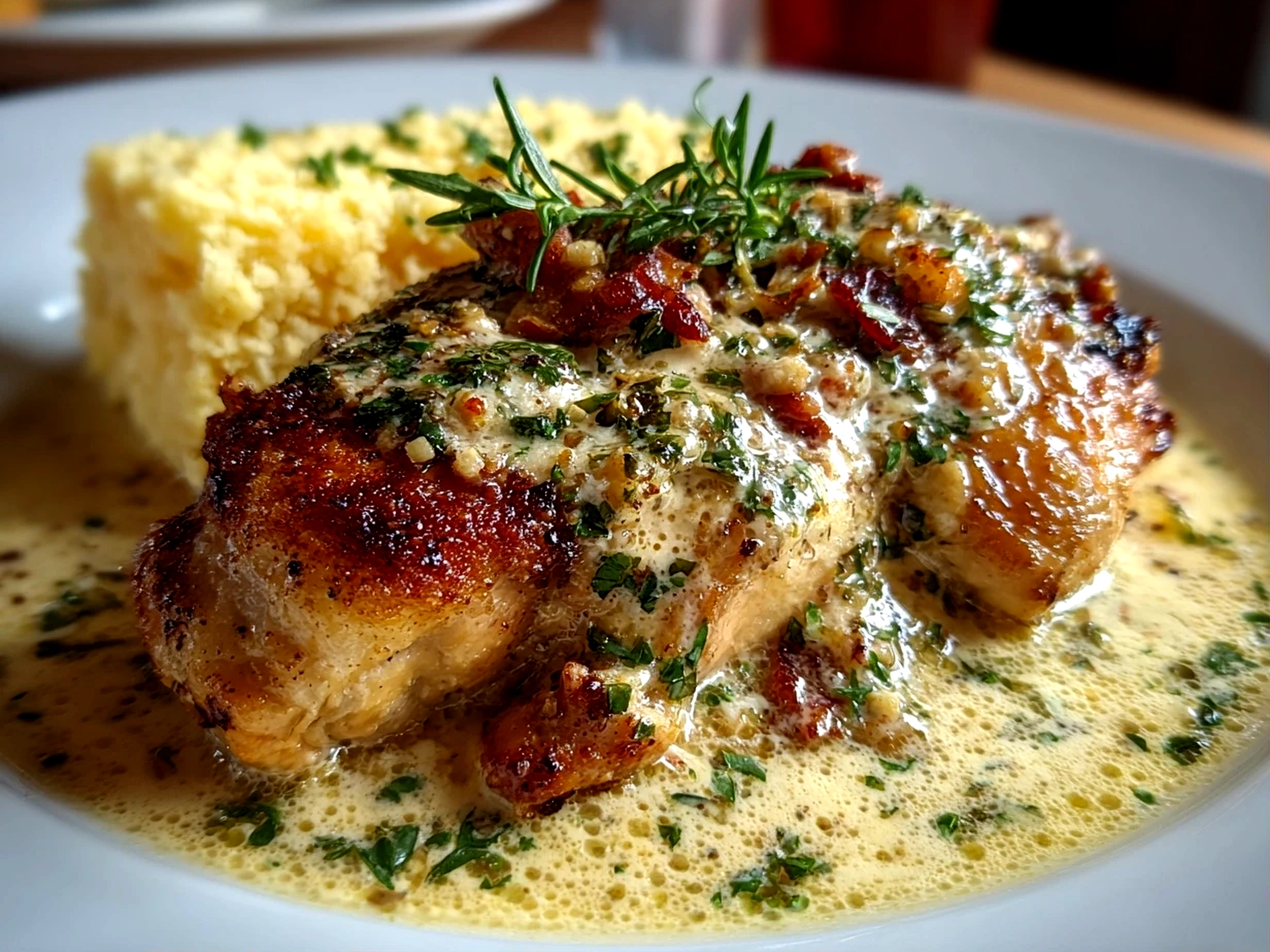 Home cook, iPhone 14. Close-up slight angle of freshly prepared low carb chicken casserole on white plate. Mouthwatering --ar 4:3 --style raw --s 220