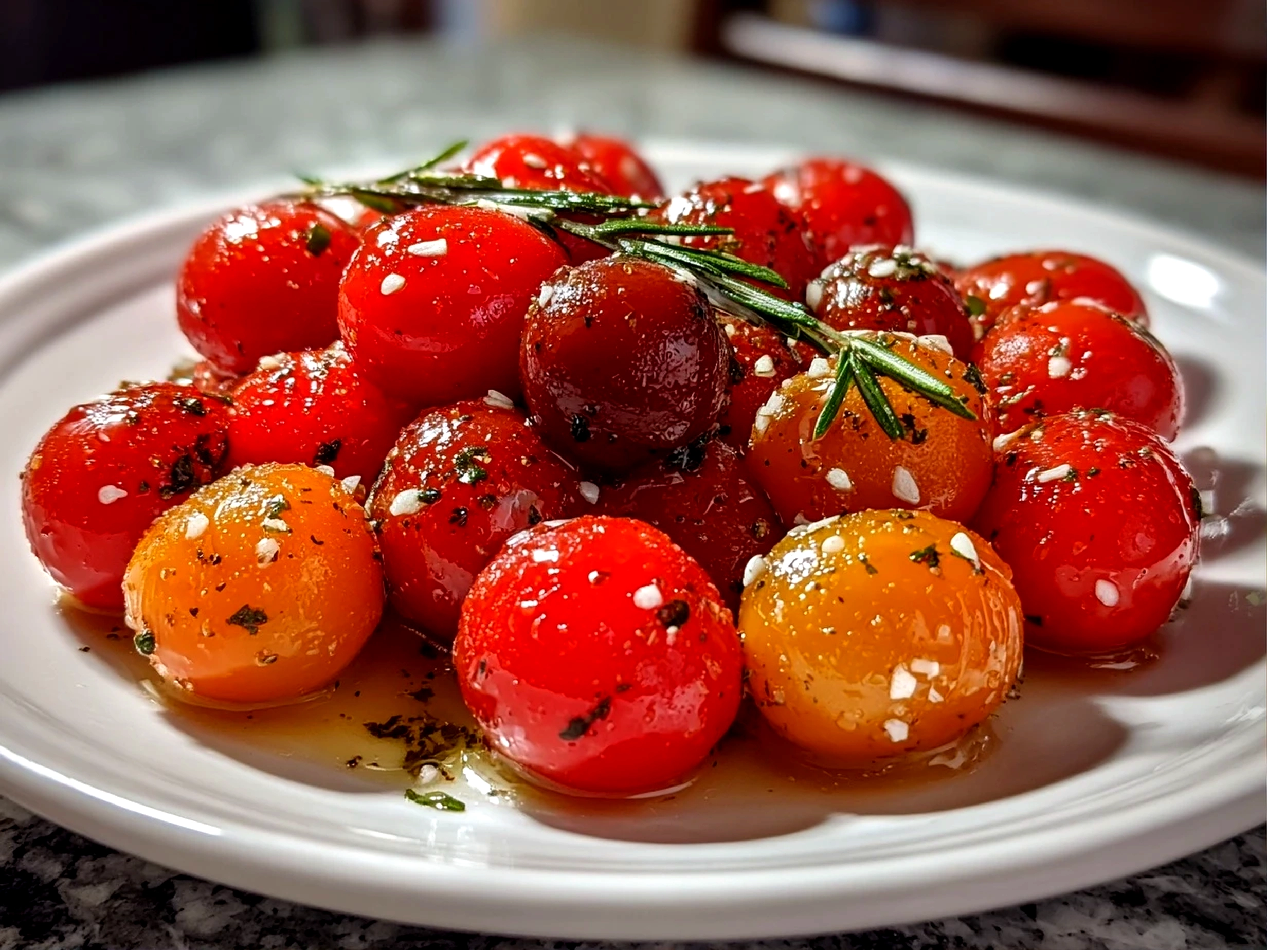 Home cook, iPhone 14. Close-up slight angle of freshly prepared Mediterranean Olive Cherry Tomato on white plate. Fresh vibrant --ar 4:3 --style raw --s 220