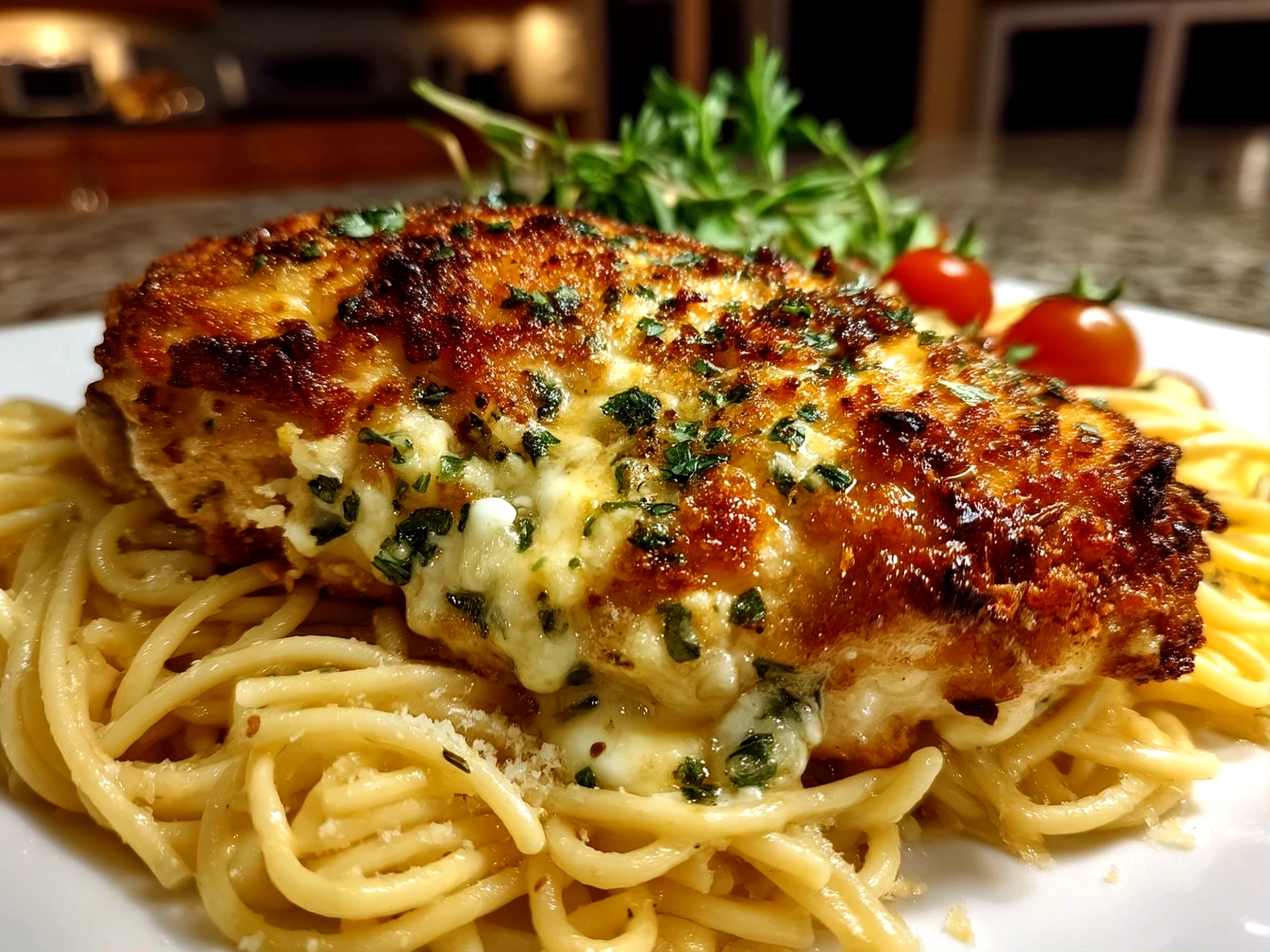 Finished plate of Chicken Garlic Parmesan Pasta, fresh and vibrant, shot with an iPhone 14 at a slight angle