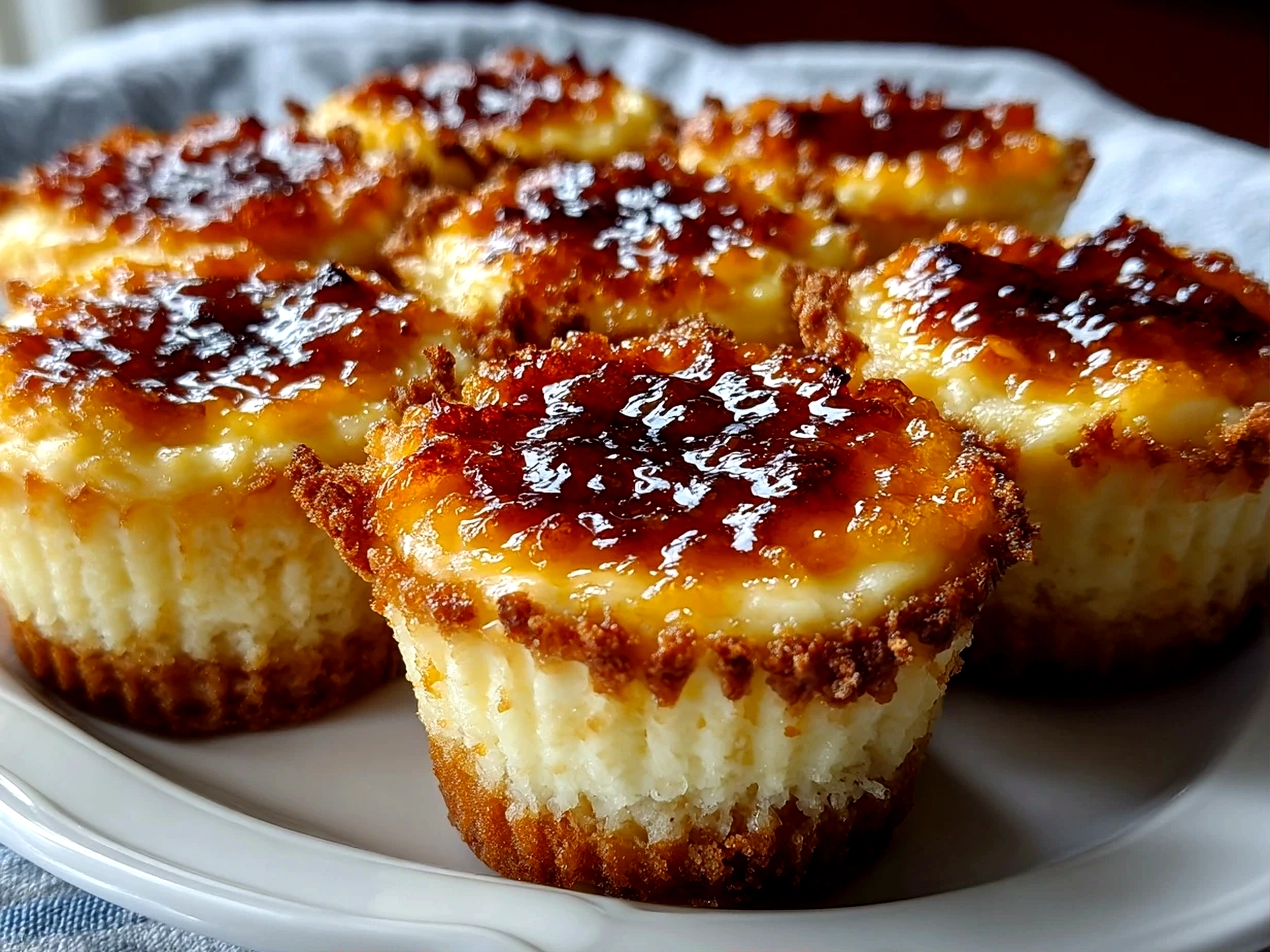 Home cook, iPhone 15 Pro. Close-up slight angle of freshly prepared Vanilla Bean Creme Brulee Cheesecake Cupcakes on white plate. Mouthwatering --ar 4:3 --style raw --s 260