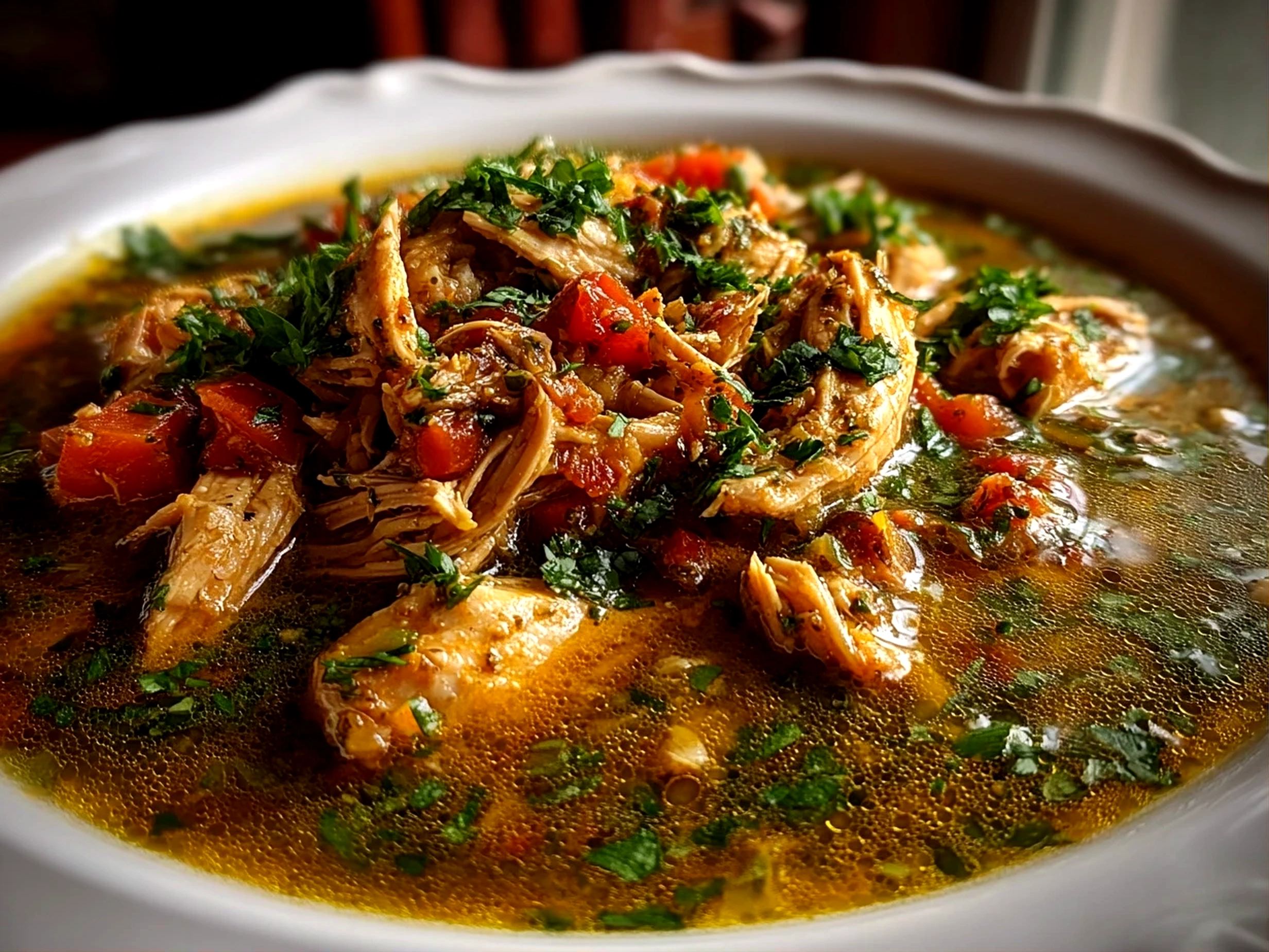 Home cook, taken with iPhone 14. Close-up slight angle of delicious Green Chicken Chili on white plate. Mouthwatering --ar 4:3 --style raw --s 240