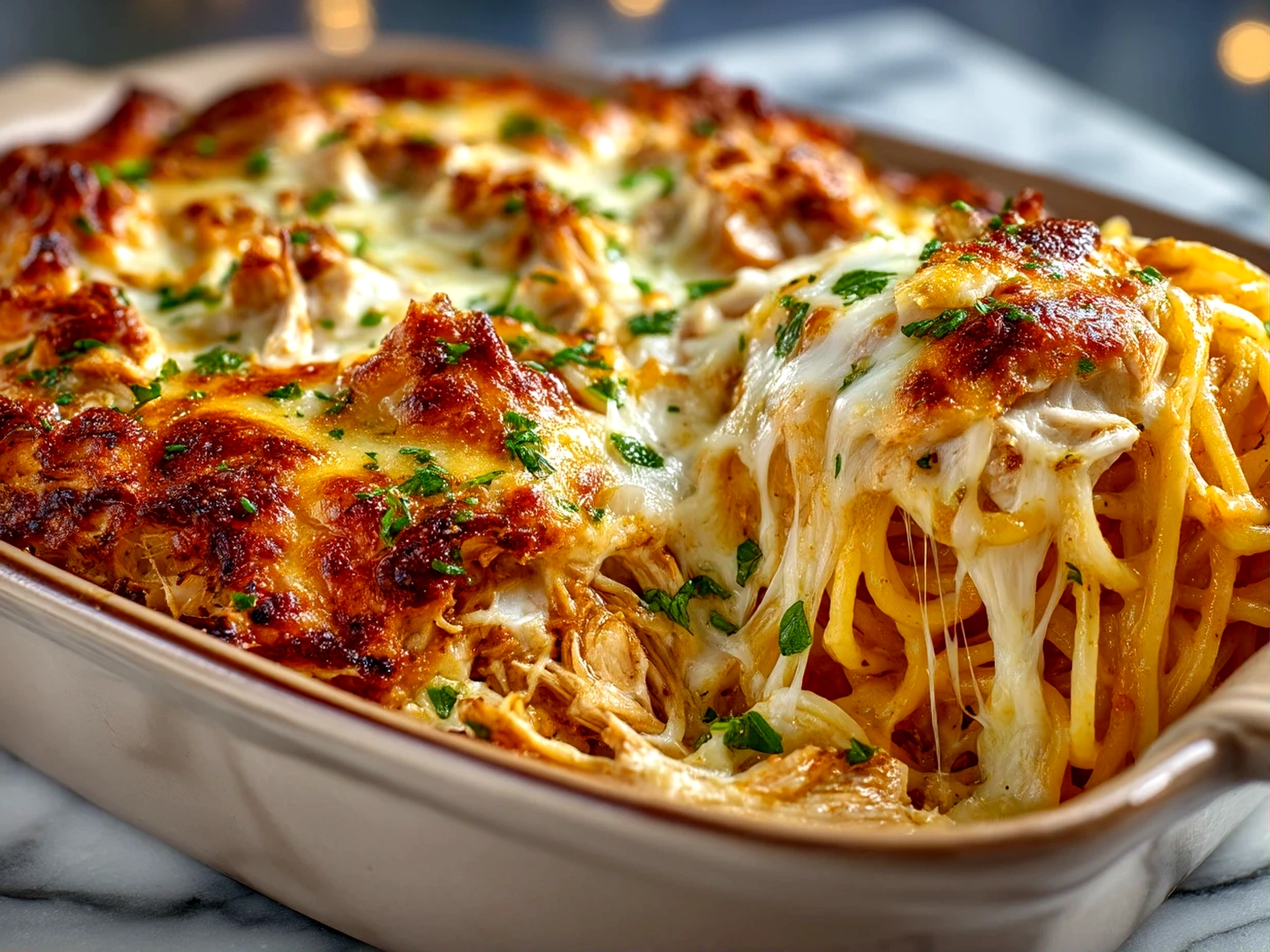 Homemade chicken spaghetti close-up