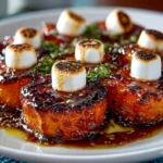 Homemade glazed candied sweet potatoes with marshmallows