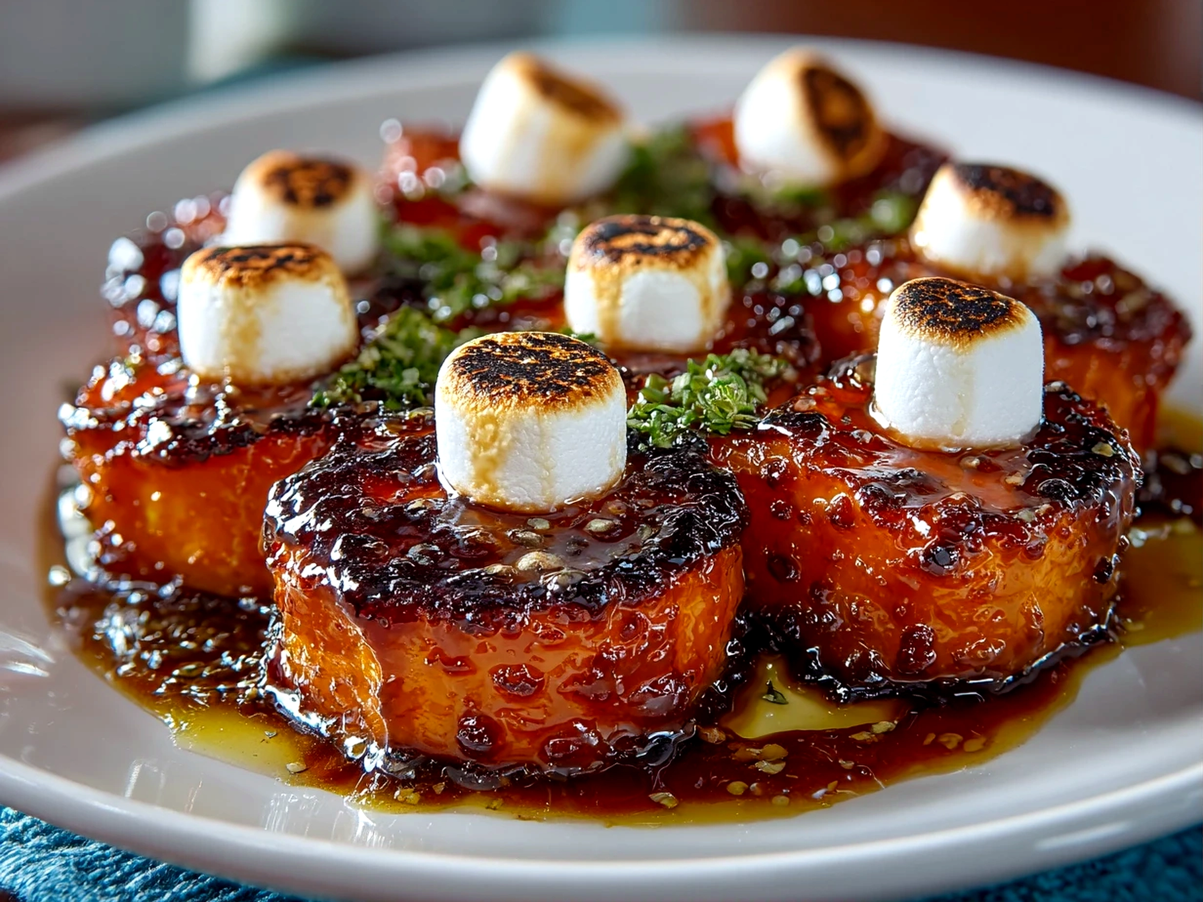 Homemade glazed candied sweet potatoes with marshmallows