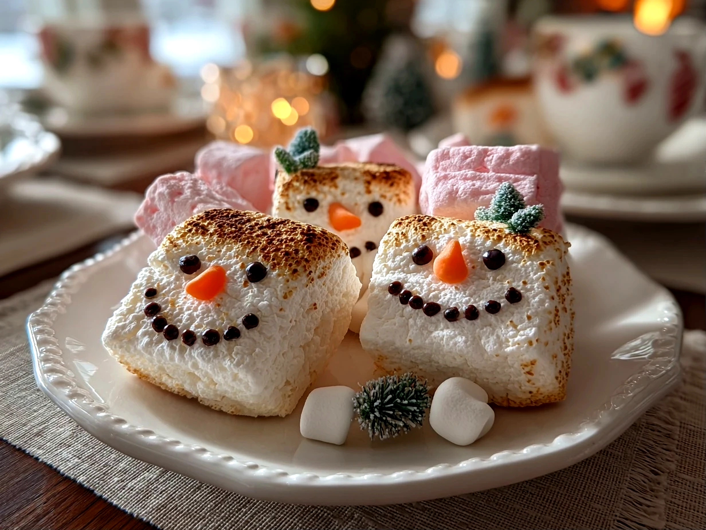 Homemade Marshmallow Snowman Treats on white plate