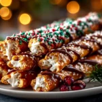 Homemade No-Bake Christmas Pretzel Sticks on white plate