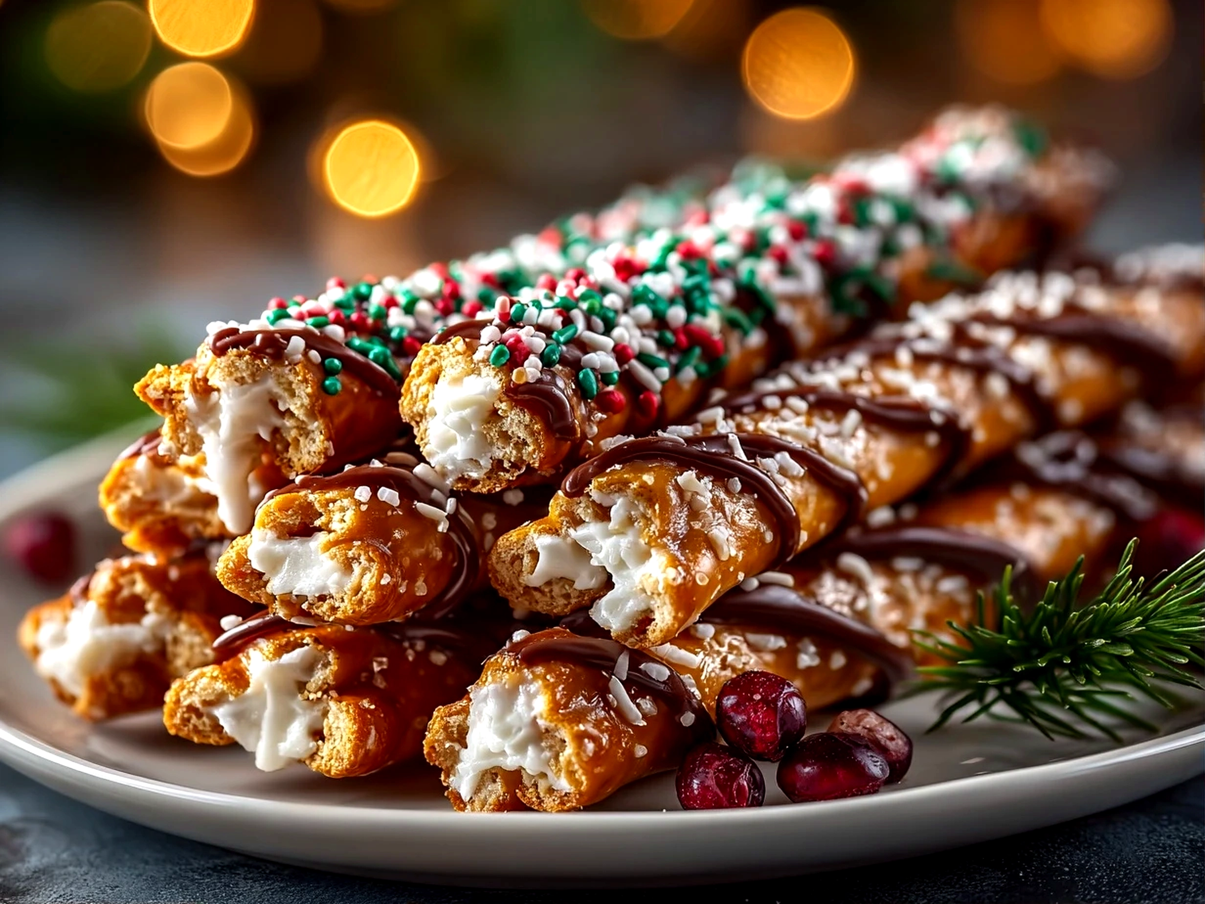 Homemade No-Bake Christmas Pretzel Sticks on white plate