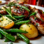 Homemade one pan sausage green beans and potatoes plated on white dish