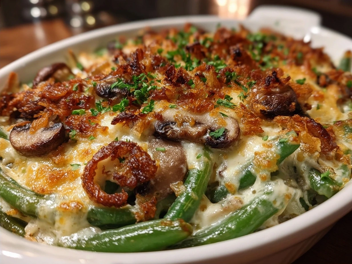 Baked Homemade Green Bean Casserole with crispy topping ready to serve