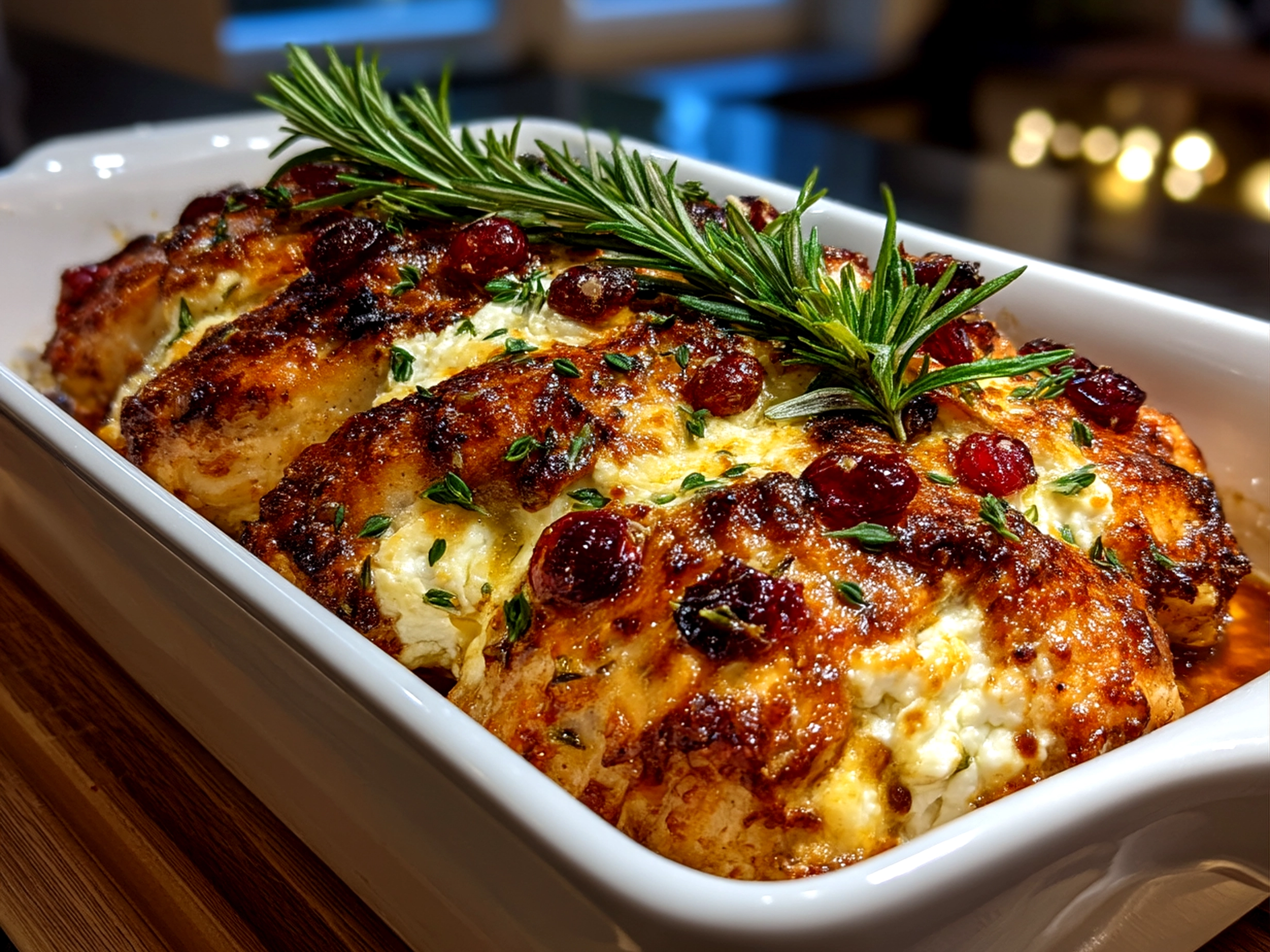 Honey Cranberry Chicken Bake with Ricotta Cheese served on a plate with side dishes
