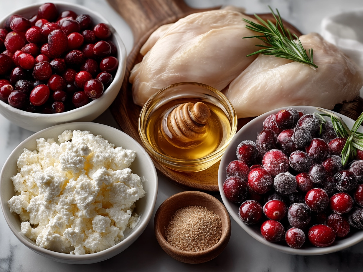 Ingredients for Honey Cranberry Chicken Bake with Ricotta Cheese including chicken breasts, ricotta cheese, honey, cranberries, olive oil, and herbs