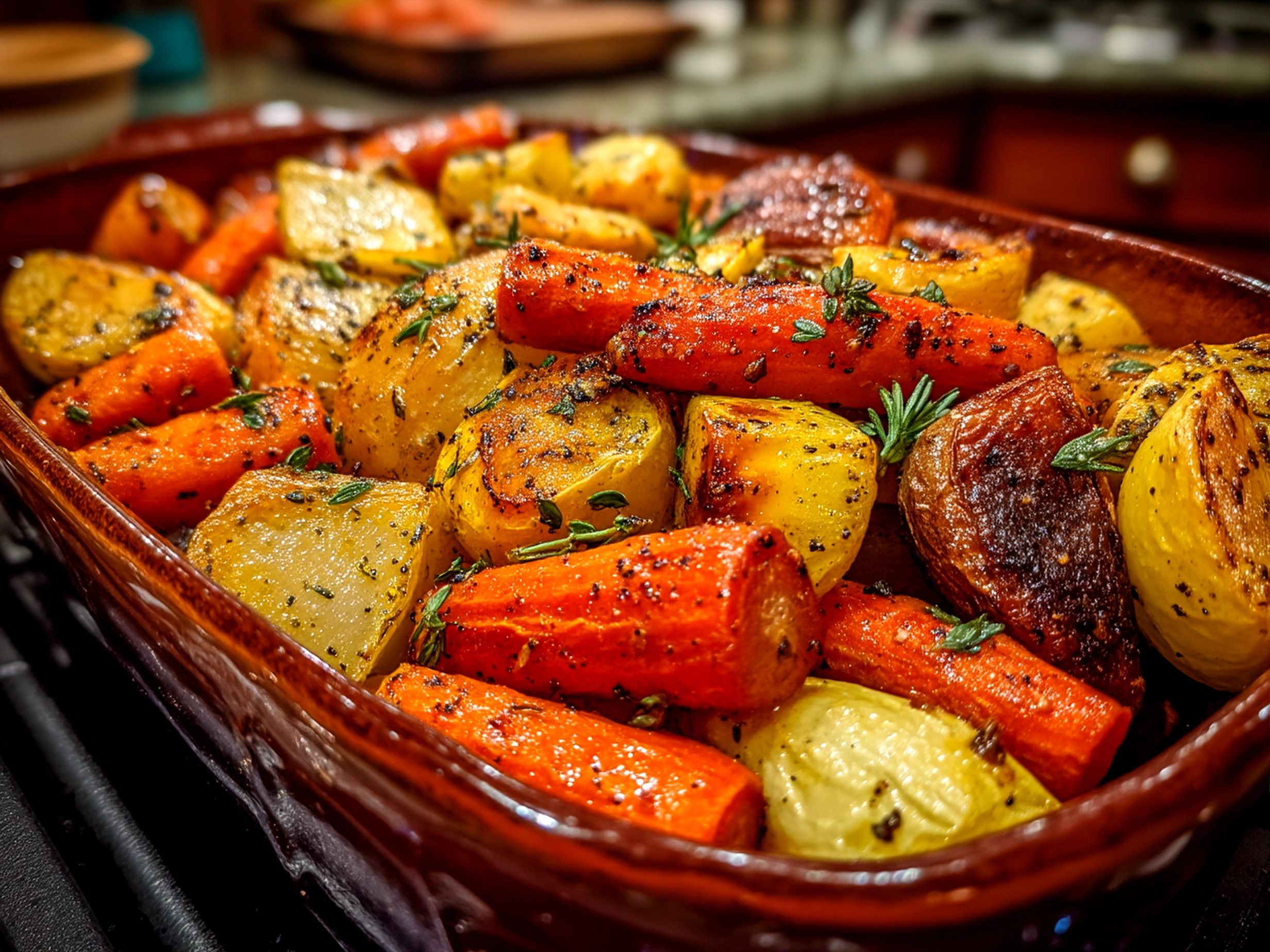 Serving of Maple Dijon Roasted Apples Carrots garnished with fresh herbs on a plate