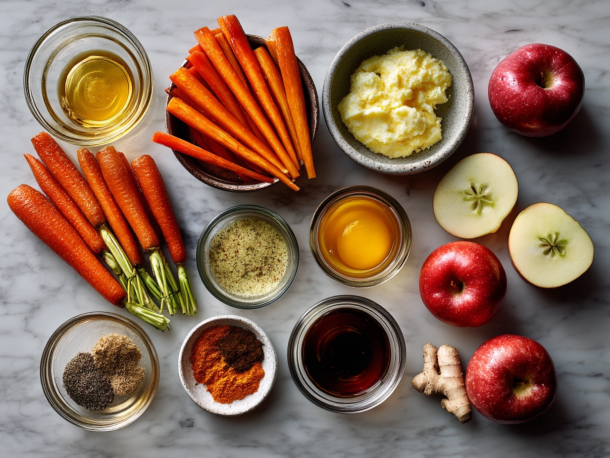 Ingredients for Maple Dijon Roasted Apples Carrots including carrots, apples, maple syrup, Dijon mustard, olive oil, herbs, salt, and pepper