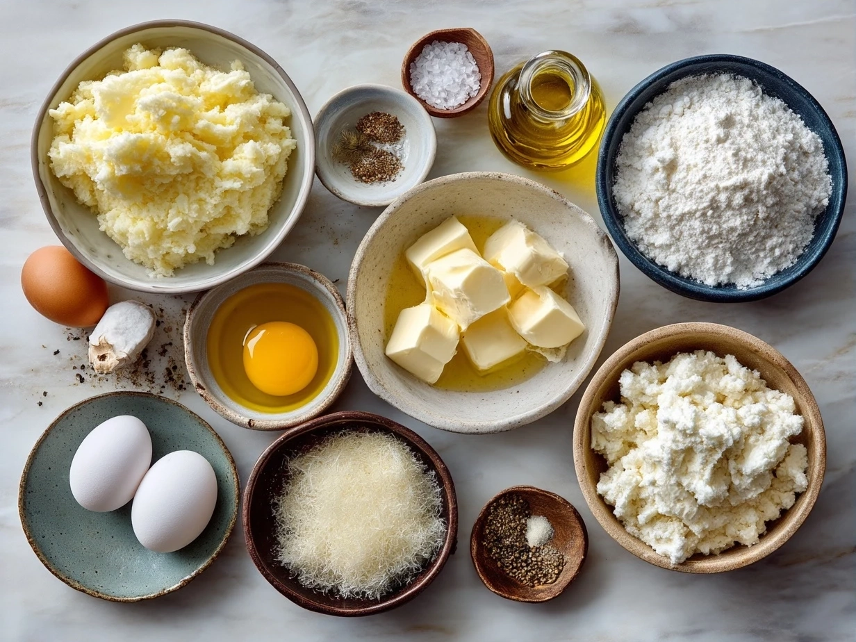 Ingredients for making mashed potatoes laid out on a table