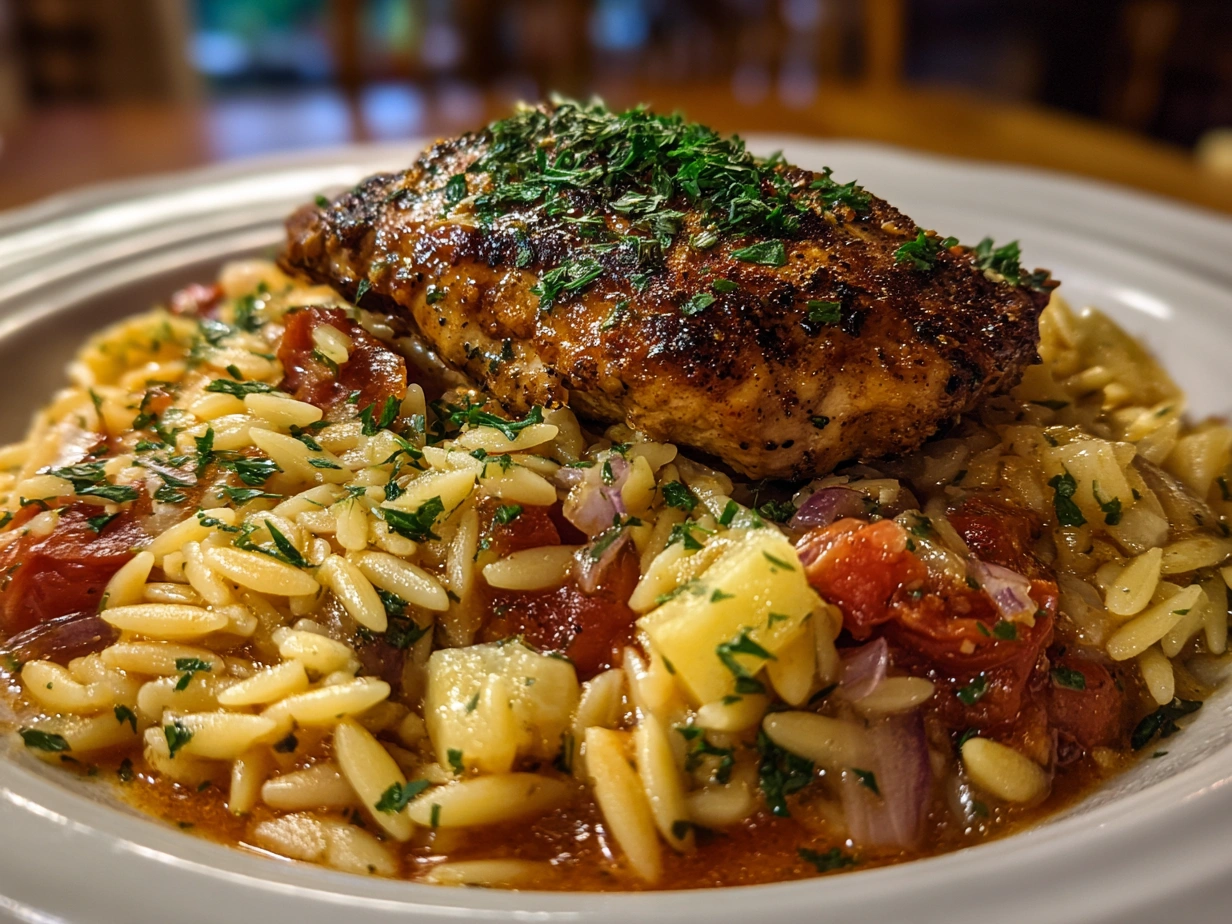 Mediterranean Chicken and Orzo served on a plate, garnished with fresh lemon and feta cheese