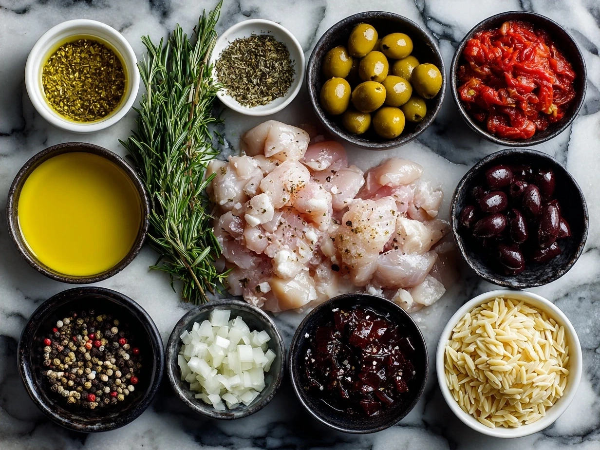 Ingredients for Mediterranean Chicken and Orzo: chicken thighs, orzo, cherry tomatoes, lemon, garlic, onion, feta, oregano, and chicken broth