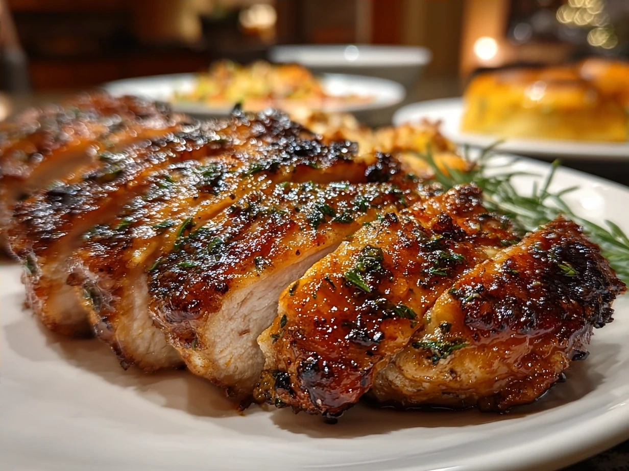 Deliciously plated Melt-In-Your-Mouth Chicken served with fresh herbs and lemon wedges