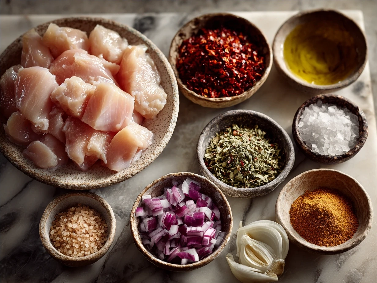 Ingredients for Melt-In-Your-Mouth Chicken including chicken thighs, olive oil, garlic, lemon, and spices