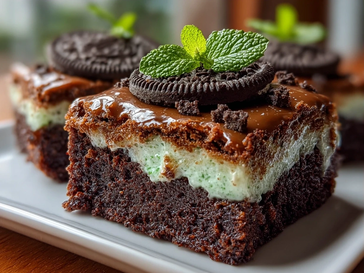 Finished Mint Oreo Brownies cut into squares ready to serve
