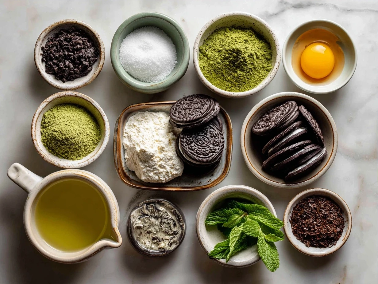 Ingredients for Mint Oreo Brownies neatly arranged on a table