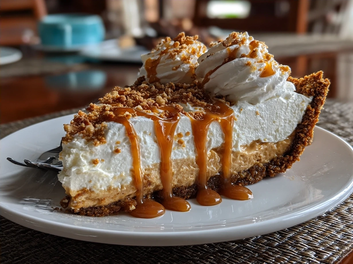 Slice of Old Fashioned Peanut Butter Pie served on a plate with a fork