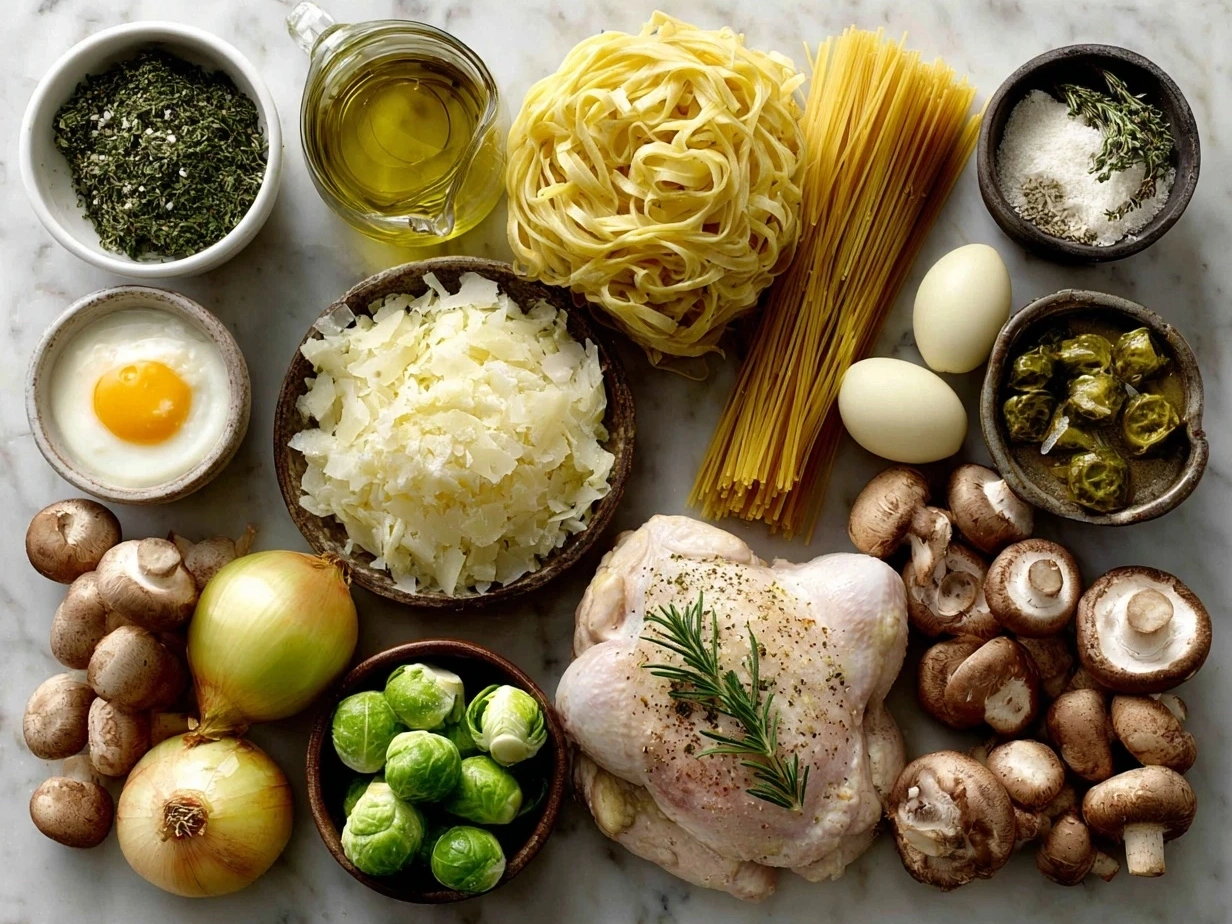 Ingredients for One-Pan Chicken Dinner with Buttered Noodles including chicken thighs, egg noodles, butter, chicken broth, onion, garlic, salt, pepper, and parsley