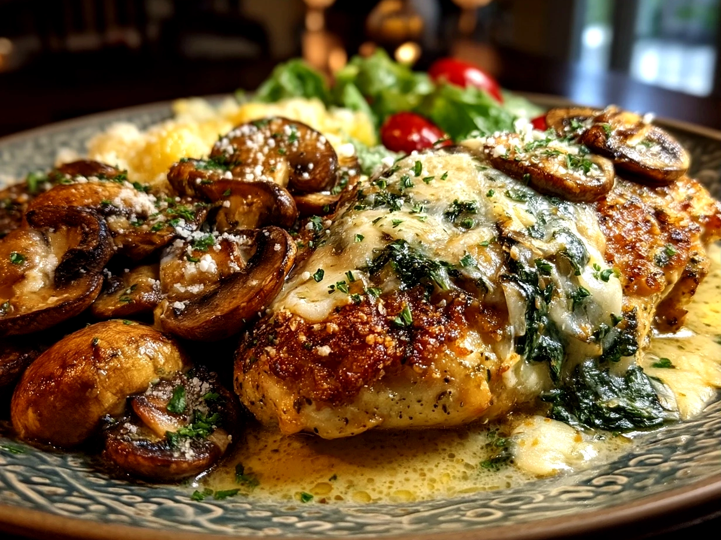 One-Pan Creamy Parmesan Garlic Mushroom Chicken served with green vegetables