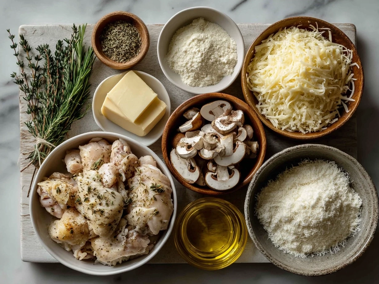 Ingredients for One-Pan Creamy Parmesan Garlic Mushroom Chicken laid out neatly