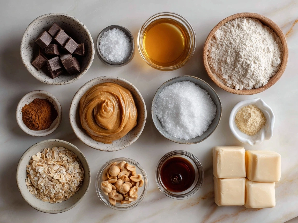 Ingredients for Peanut Butter Cookie Bites including peanut butter, oats, and chocolate chips