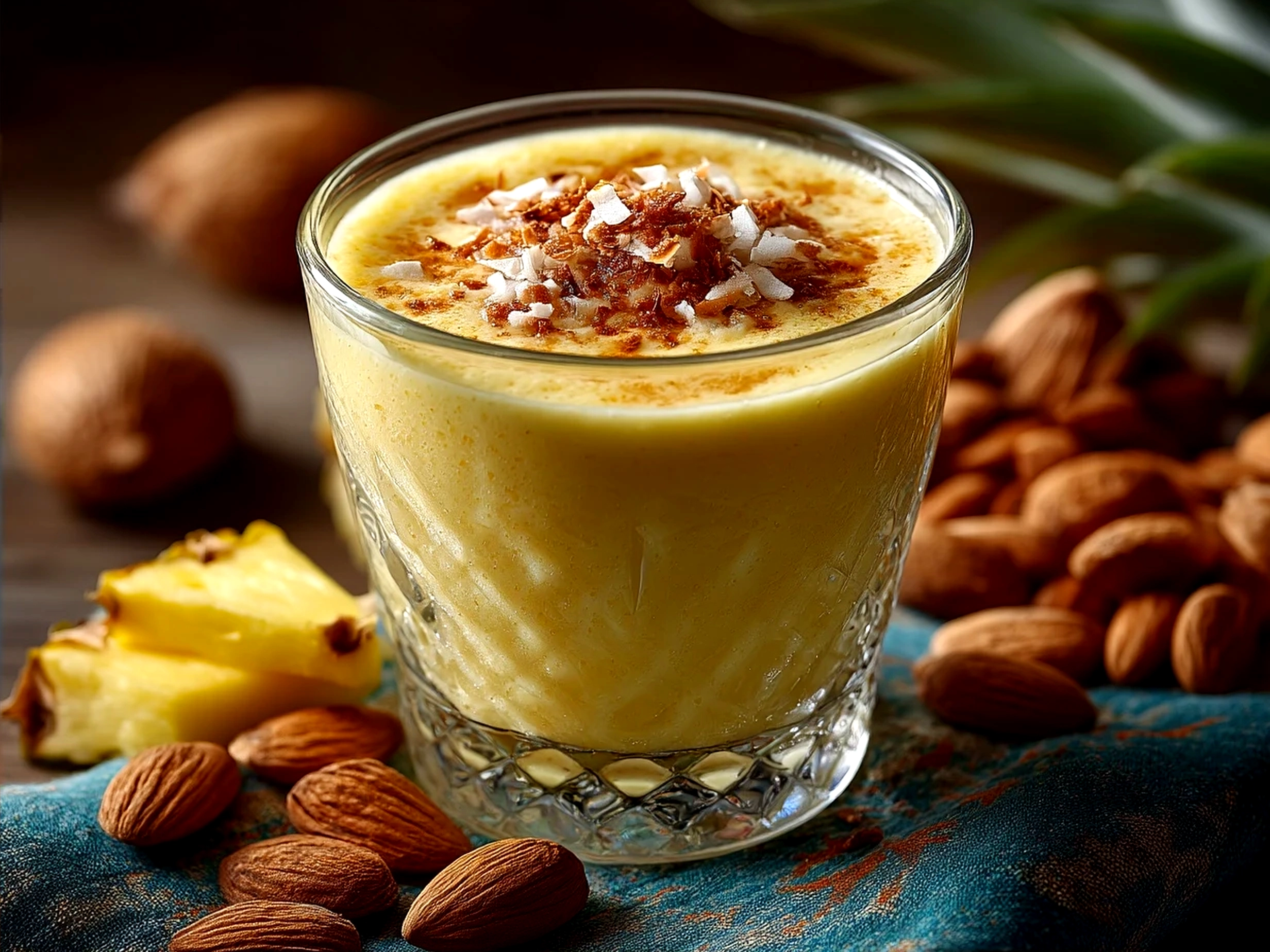 A freshly made Pineapple Coconut Smoothie in a glass, ready to enjoy