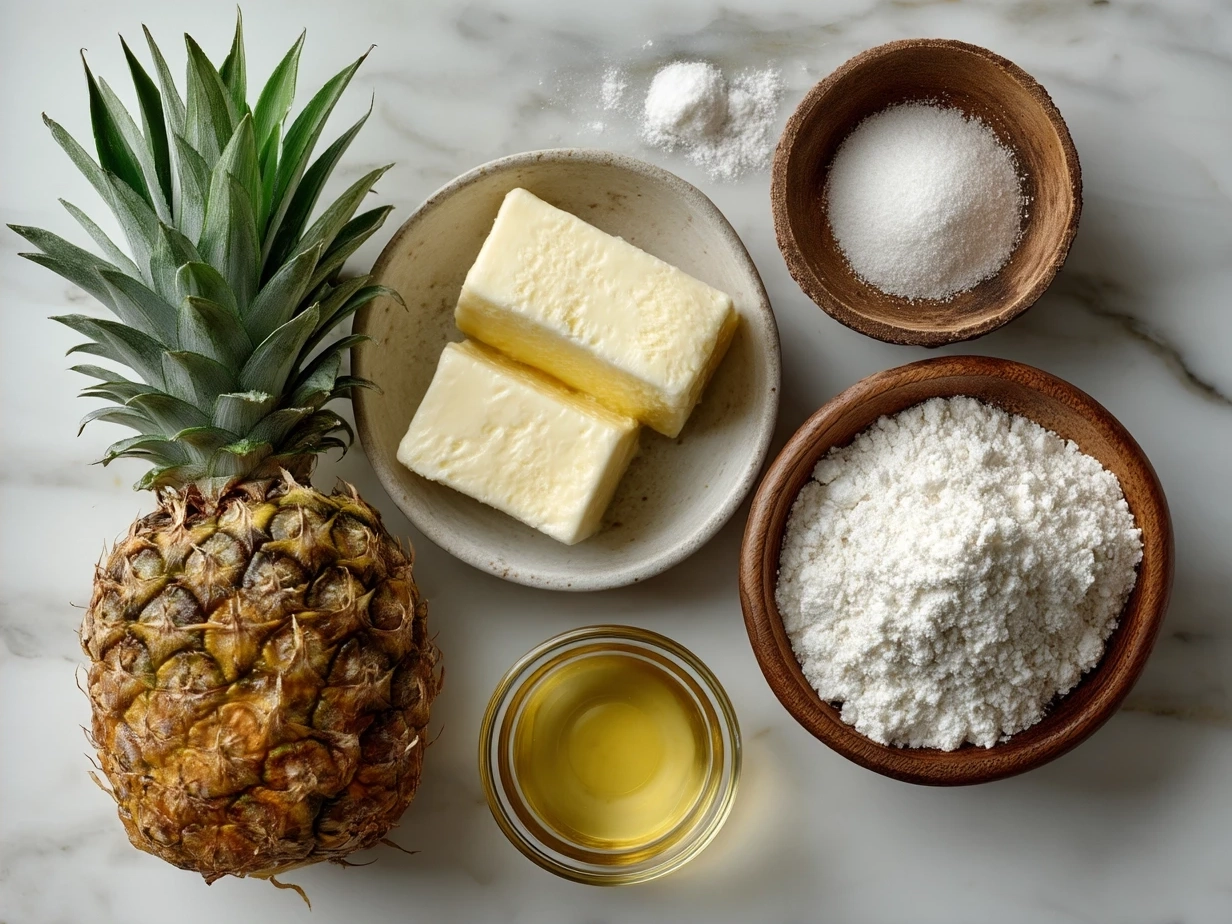 Ingredients for Pineapple Coconut Smoothie including pineapple chunks, coconut milk, banana, Greek yogurt, and honey