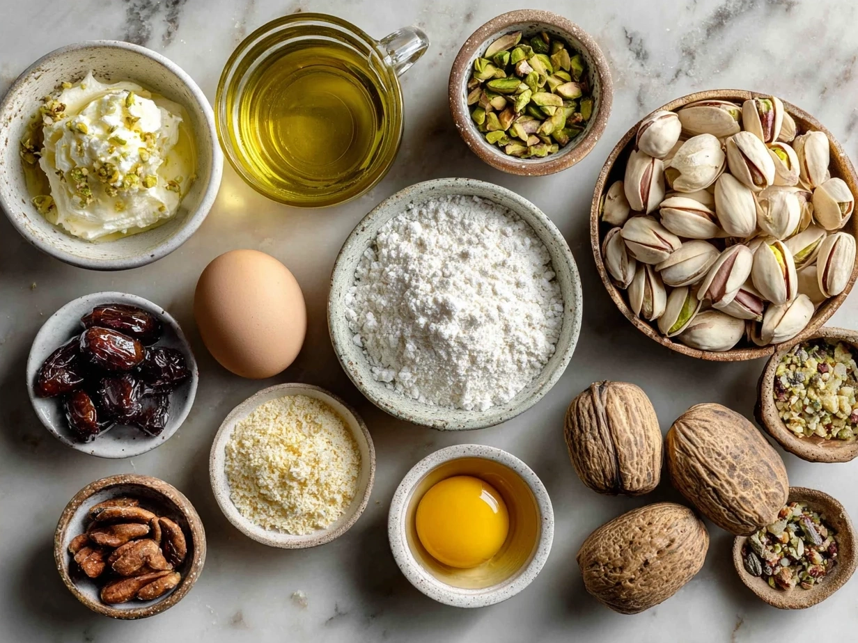 Ingredients for Pistachio Lush Dessert, including pudding mix, cream cheese, pretzels, pistachios, and whipped topping