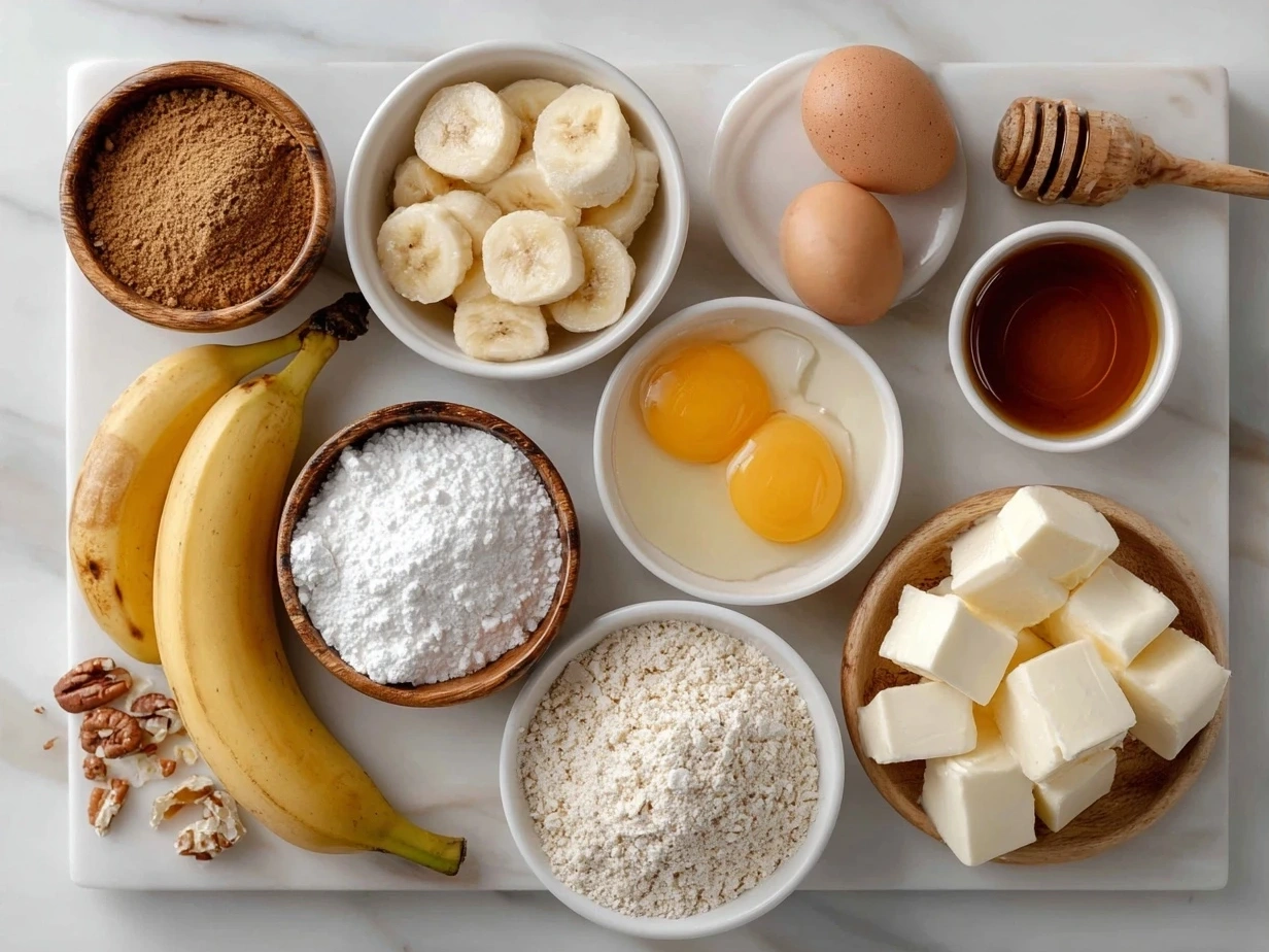 Ingredients for protein pancakes including oat flour, protein powder, eggs, almond milk, and coconut oil