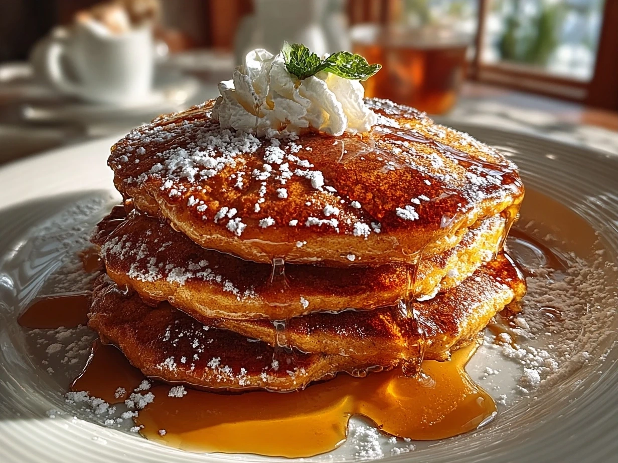 Stack of warm Pumpkin Spice Pancakes served with fall-inspired sides