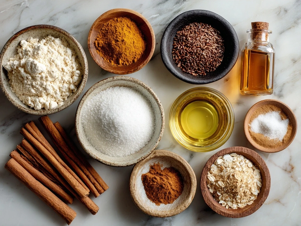 Ingredients for Pumpkin Spice Pancakes including flour, pumpkin puree, spices, milk, eggs, and sugar