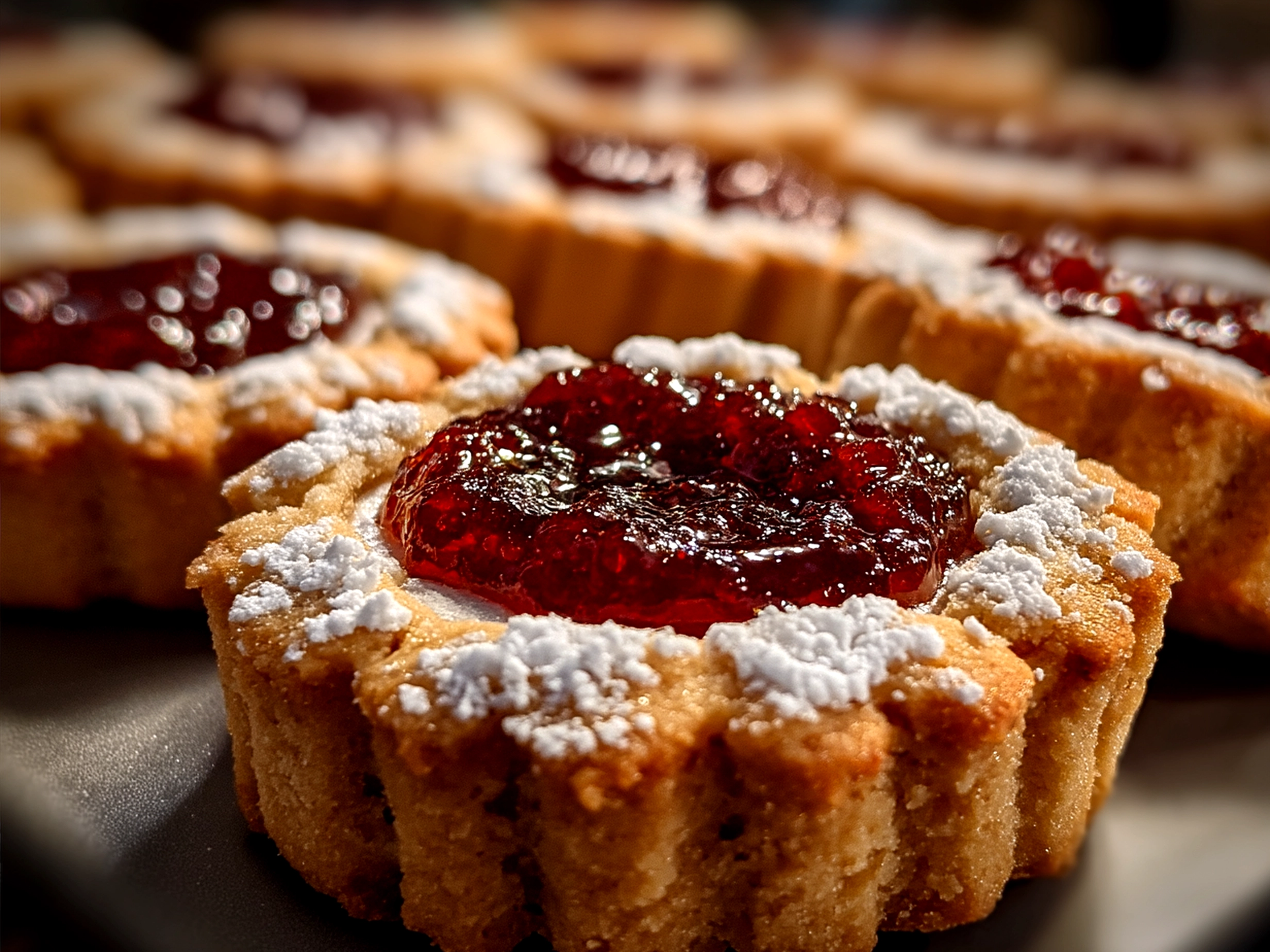 Freshly baked Raspberry Linzer Cookies arranged beautifully for serving