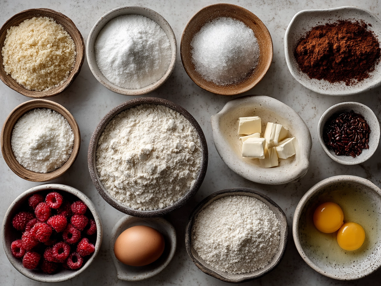 Ingredients for Raspberry Linzer Cookies including almond flour, all-purpose flour, butter, sugar, eggs, vanilla, and raspberry jam