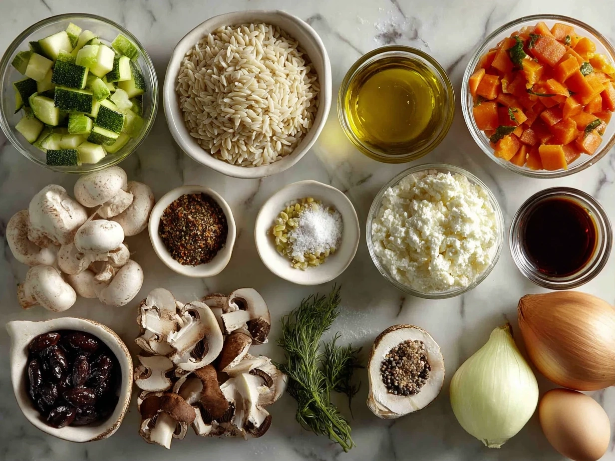 Raw ingredients for One-Pot Veggie Cream Orzo arranged on marble surface