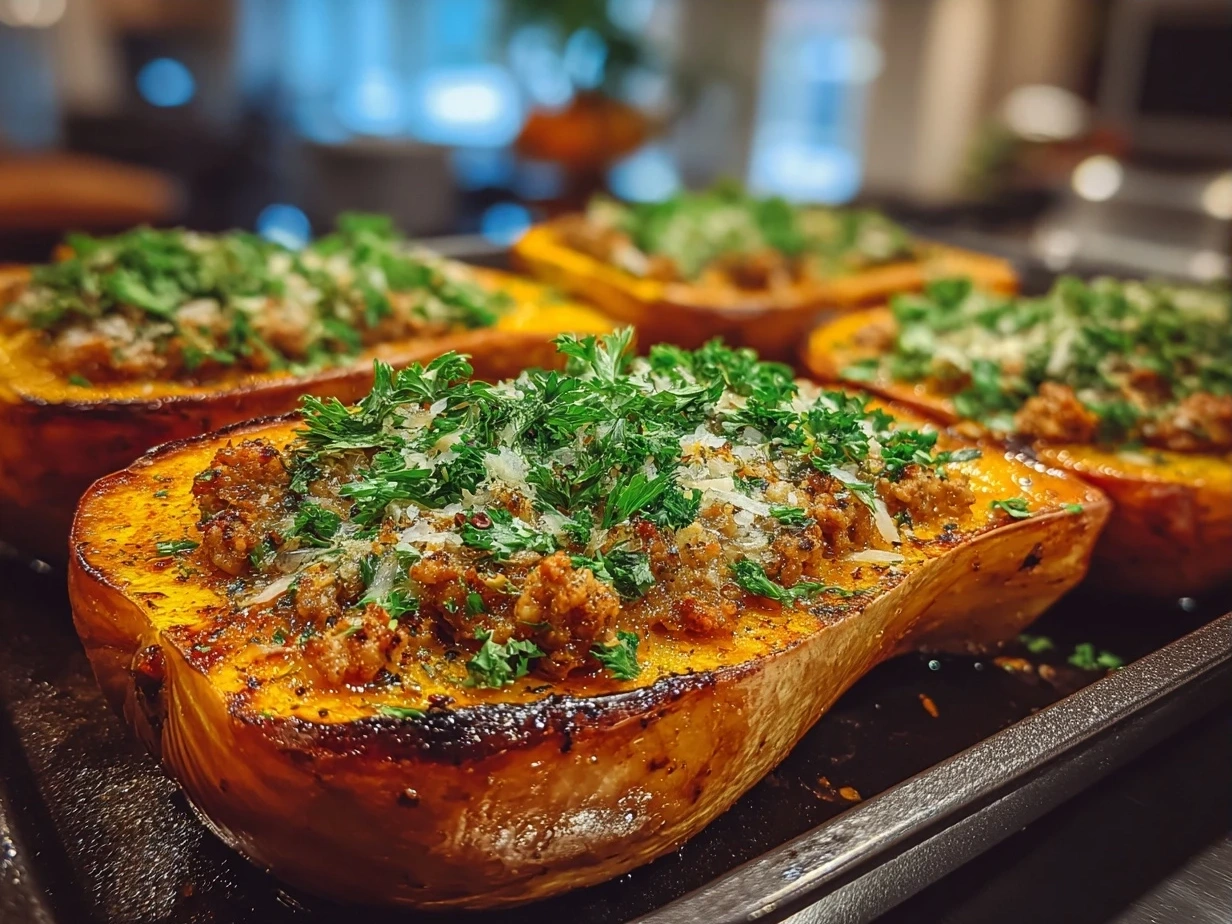 Finished roasted butternut squash with ground turkey served for dinner