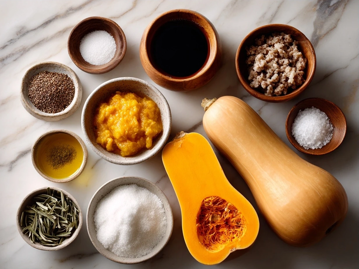 Ingredients for roasted butternut squash with ground turkey