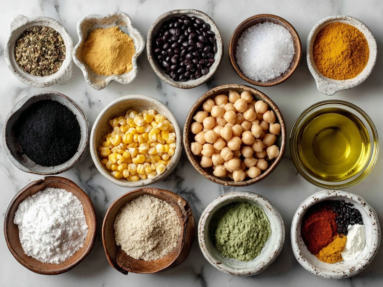 Ingredients for Roasted Chickpea Corn Mix laid out on a kitchen counter