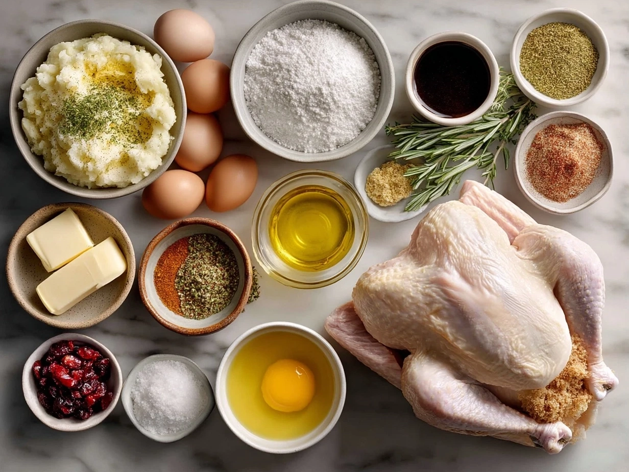 Ingredients for Roast Turkey: whole turkey, salt, brown sugar, herbs, garlic, onion, olive oil, and seasonings