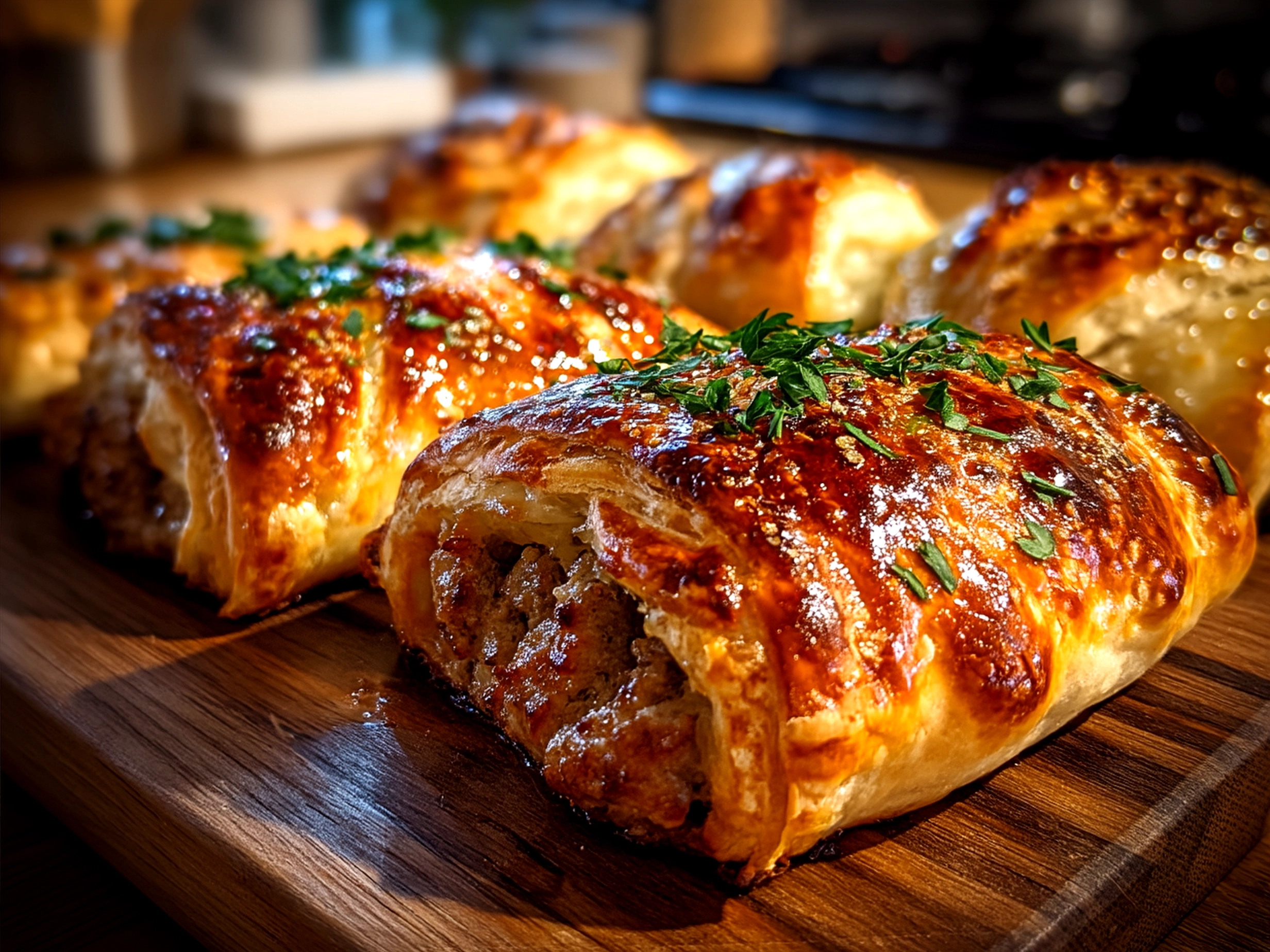 Plated Sausage Rolls served with fresh greens as a meal