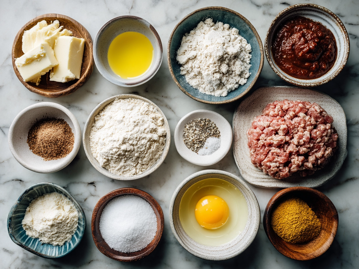 Ingredients laid out for making Sausage Rolls including puff pastry, sausage meat, egg, onion, and herbs