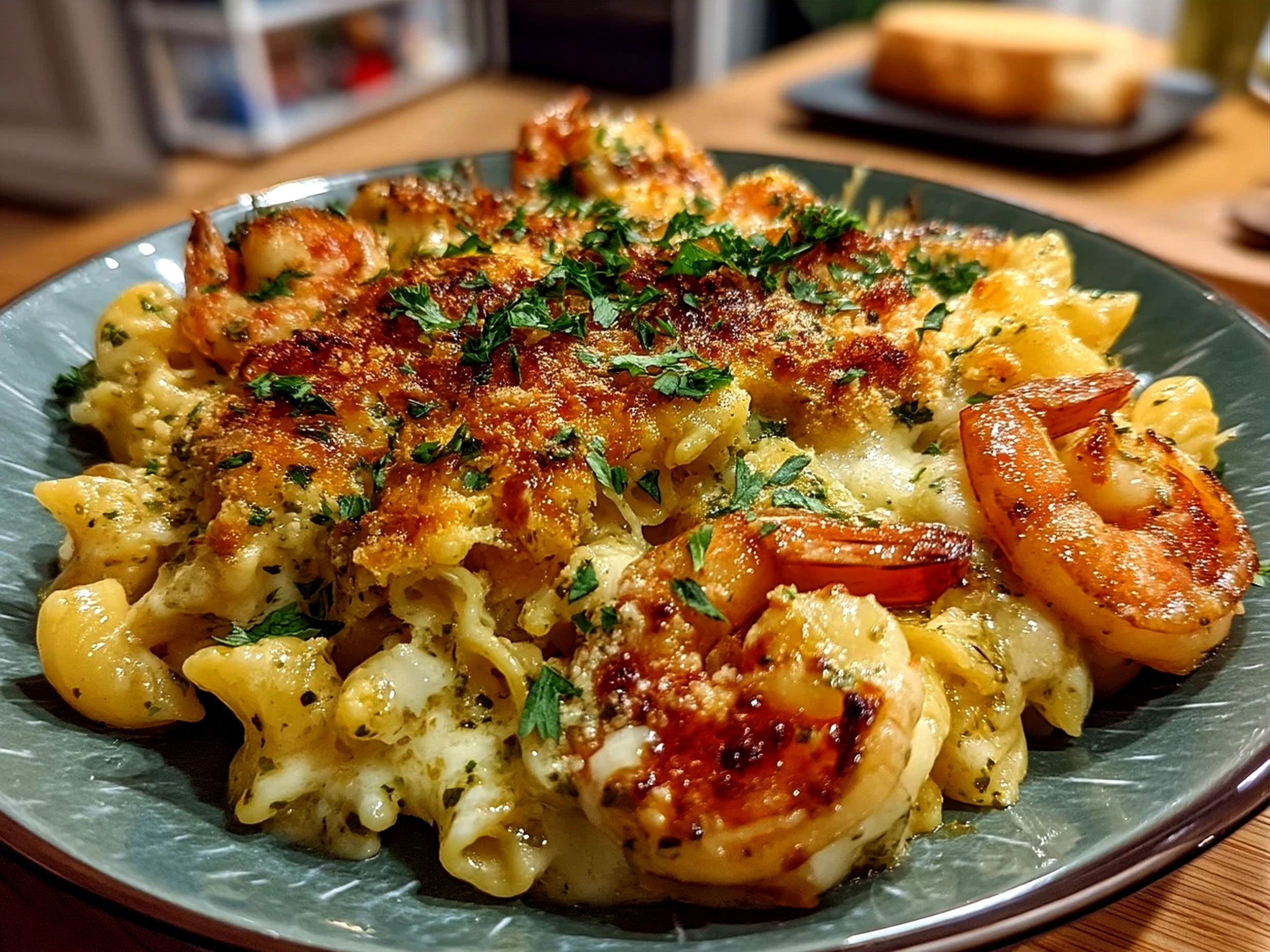 Delicious serving of Shrimp Scampi Pasta Bake garnished with fresh parsley