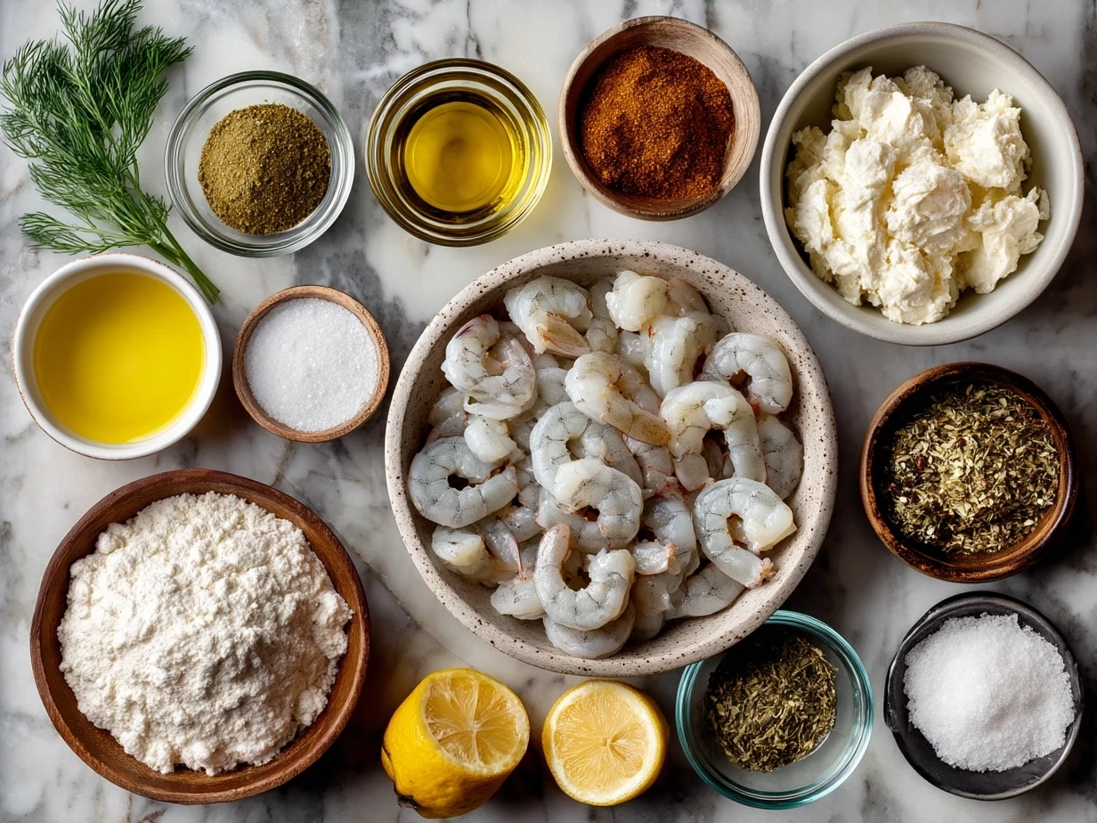 Ingredients for Shrimp Scampi Pasta Bake including pasta, shrimp, butter, garlic, cheese, parsley, and cream