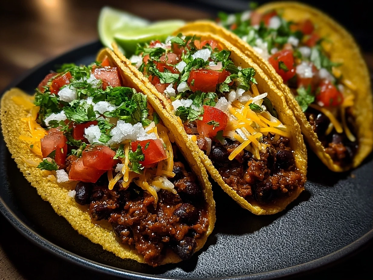 Slight angle close-up of finished black bean tacos with toppings
