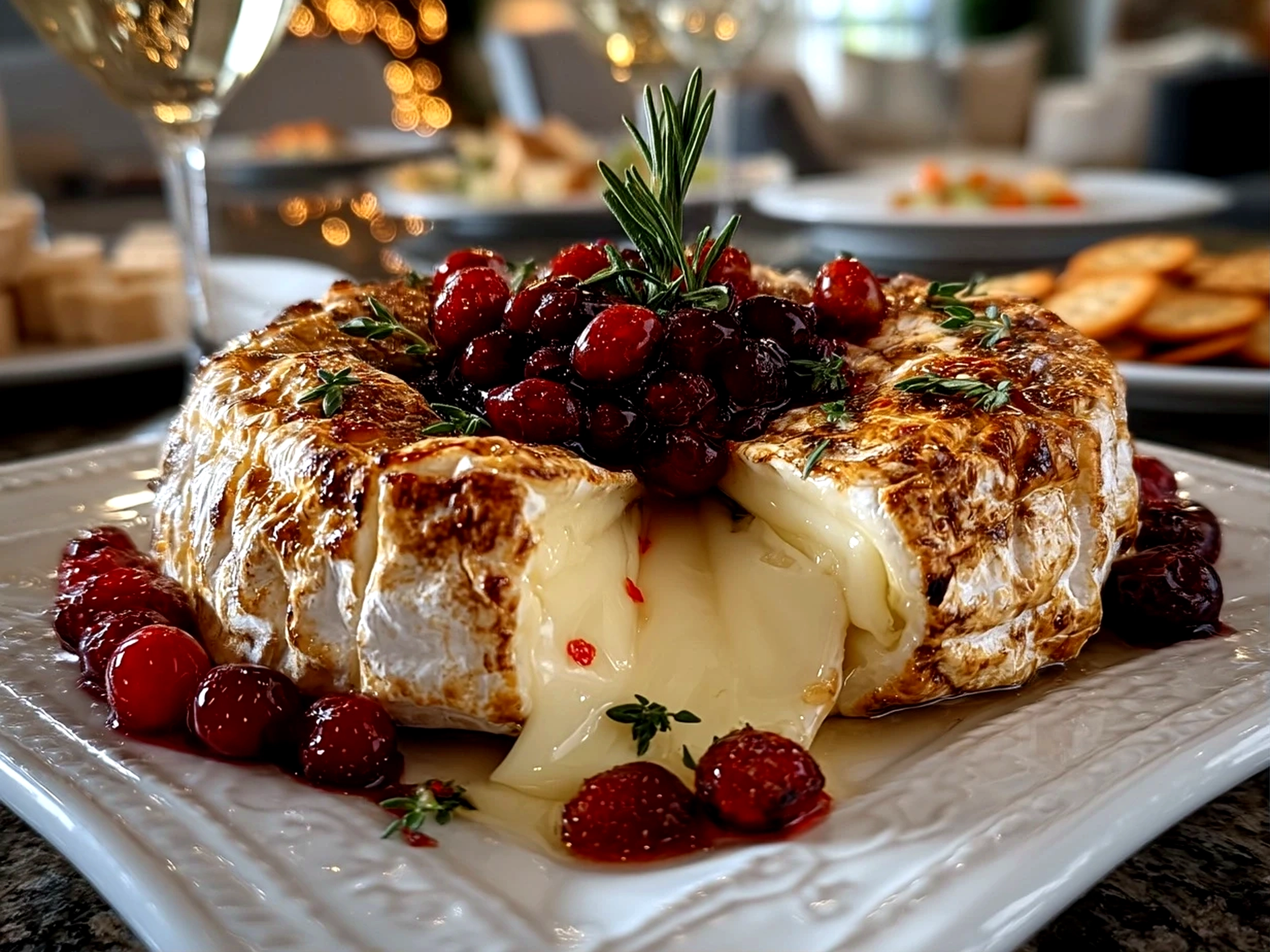 Finished Brie Cheese Wreath served with fresh rosemary garnish