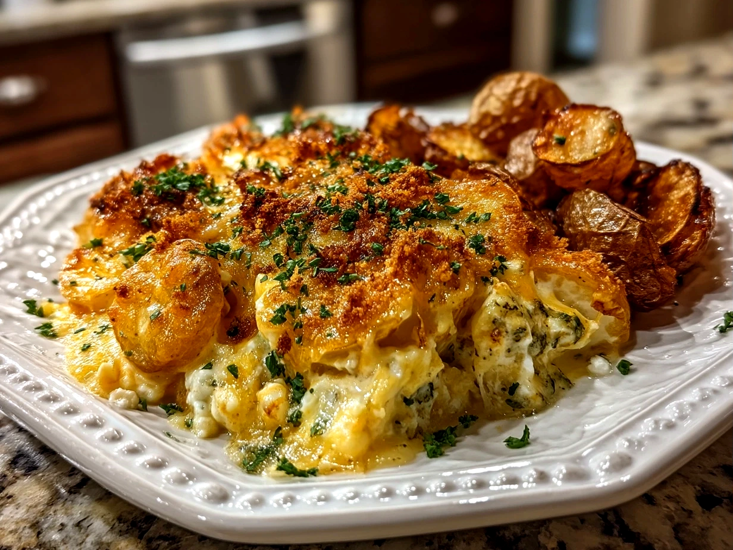 Slight angle close-up of finished cheesy potatoes baked to golden perfection