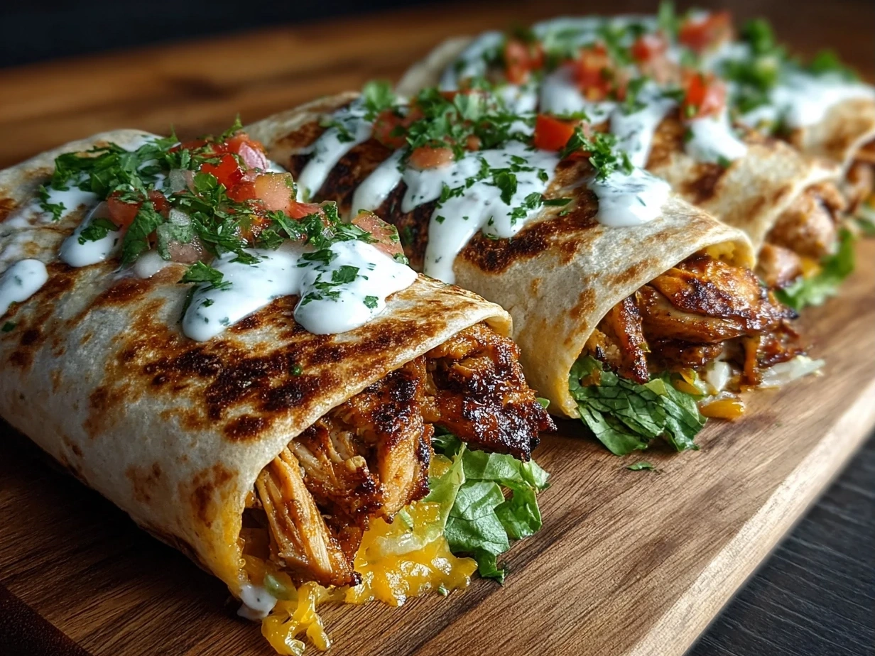 Slight angle close-up of finished Chicken Avocado Ranch Burritos